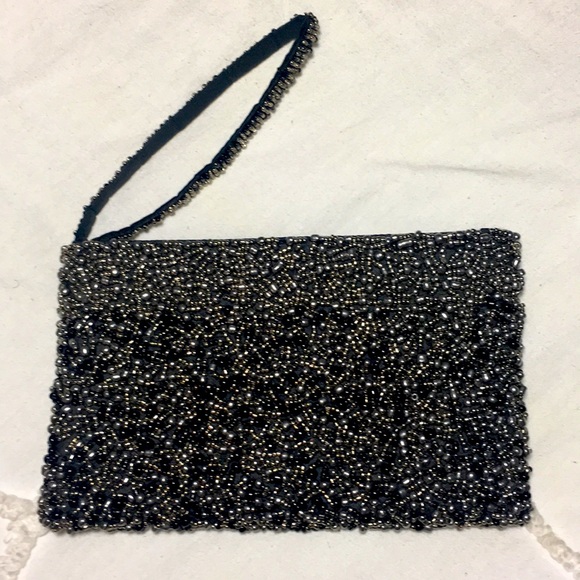 Vintage Beaded Clutch Black and Silver Metallic - Picture 1 of 8